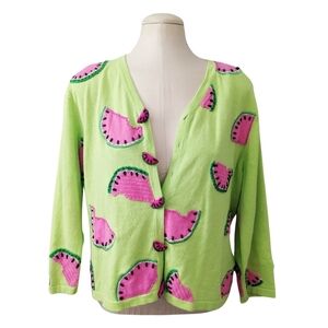 Vintage Jack B. Quick Embellished Watermelon Cardigan Sweater Beaded Ramie Large